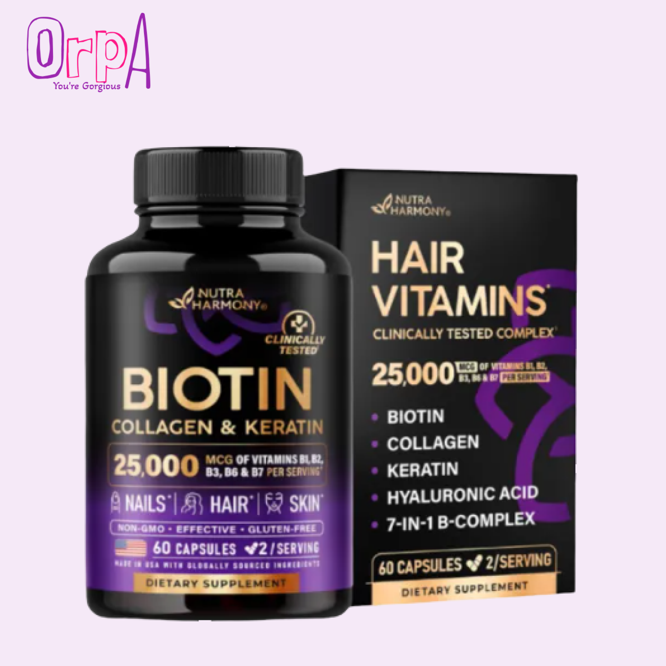 NUTRAHARMONY Biotin Collagen Hyaluronic Acid Keratin -25000mcg Vitamins B1, B2, B3, B6 & B7 – 60 Capsules