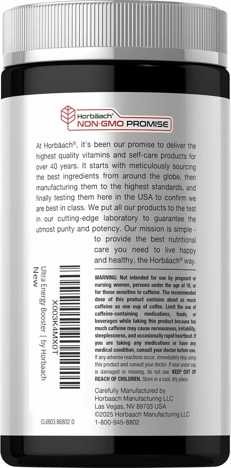 Horbaach Energy Supplement with Caffeine, Ginseng and B12, 120 Capsules - Image 3