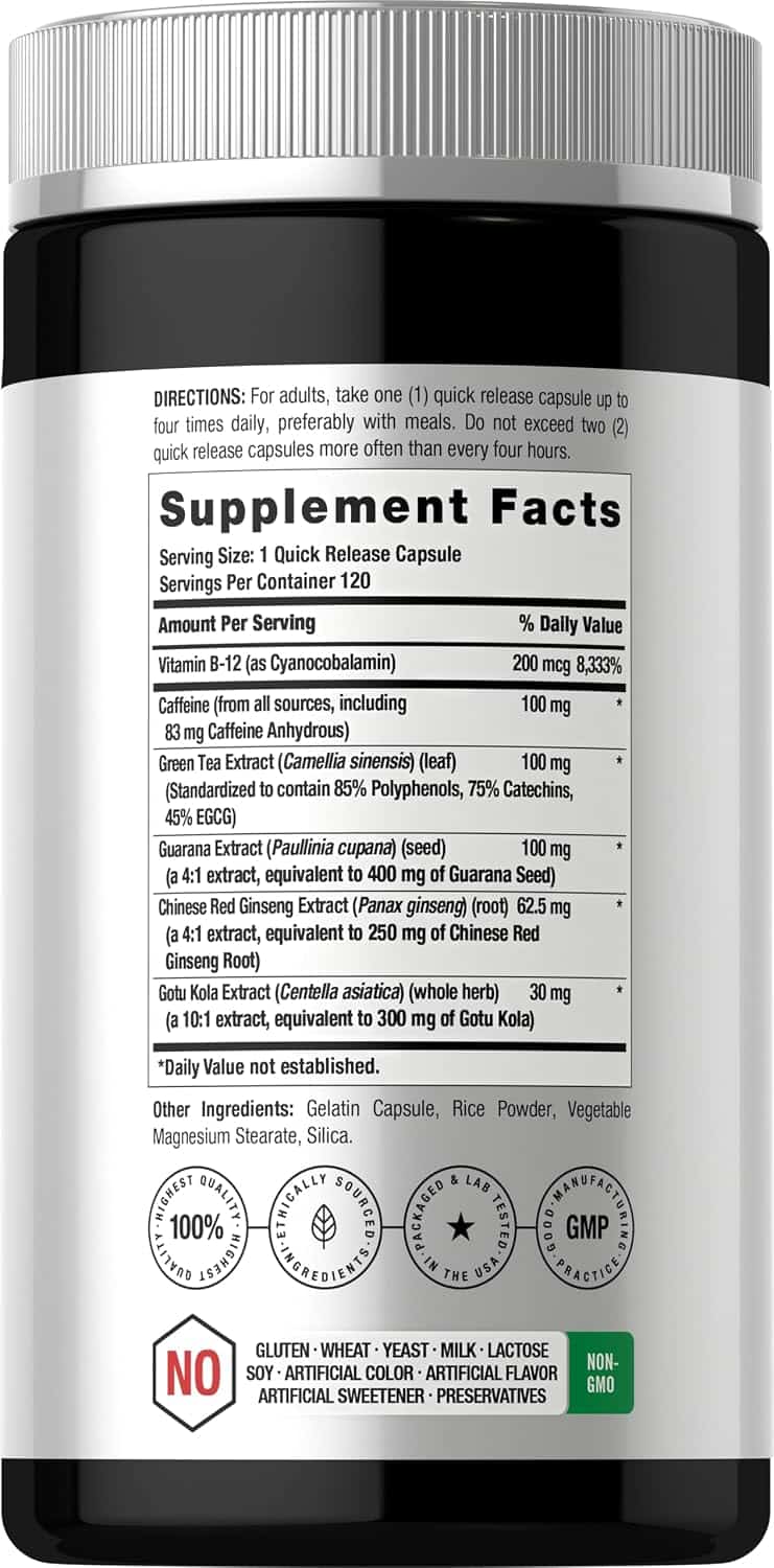 Horbaach Energy Supplement with Caffeine, Ginseng and B12, 120 Capsules - Image 4