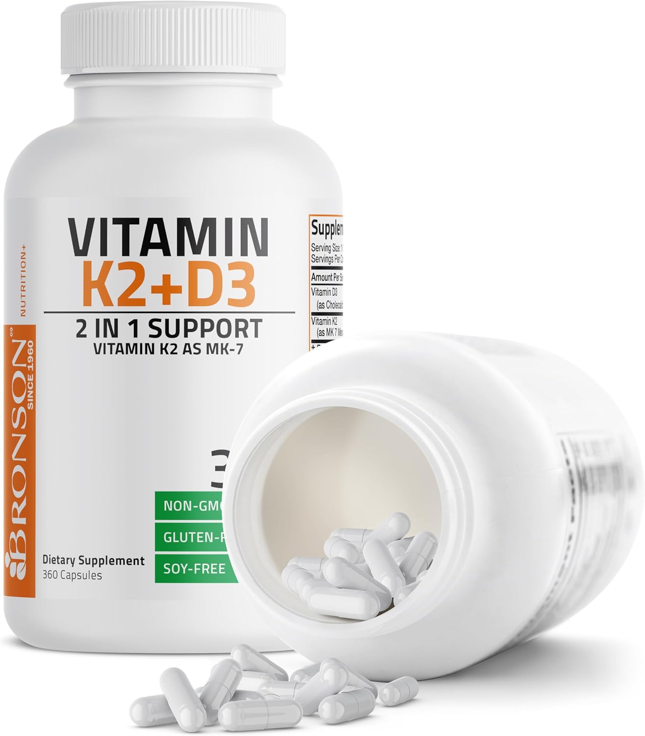 Bronson Vitamin K2 D3 (MK7) Supplement 2-in1 D3 & K2 Complex, 360 Capsules - Image 3
