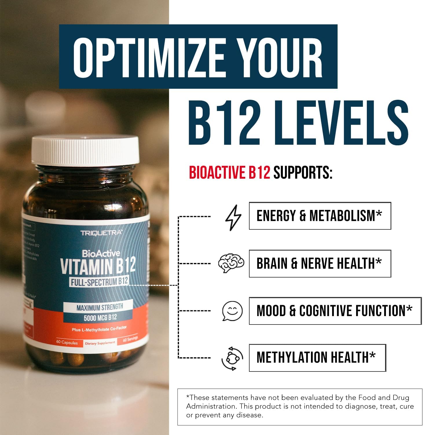Triquetra BioActive Vitamin B12 5000 mcg (Full-Spectrum) Plus L-Methylfolate – 60 Capsules - Image 4