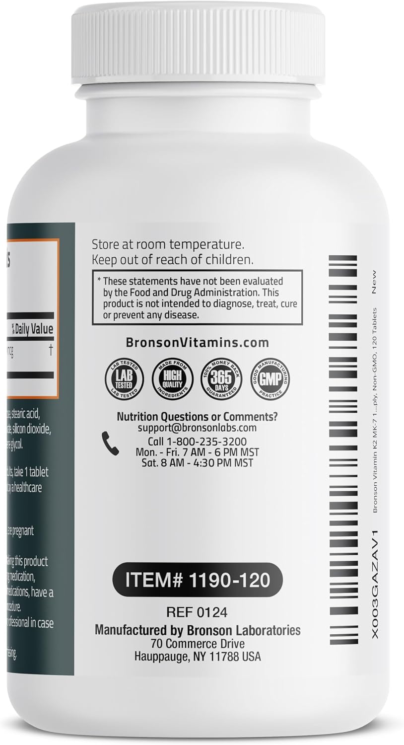 Bronson Vitamin K2 MK-7 100 MCG K2 as MK7 Menaquinone Bone Support 120 Tablets - Image 2