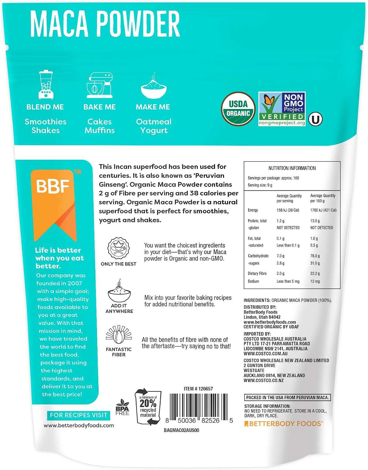 BetterBody Foods Organic Maca-Powder Non-GMO & Gluten-Free 12 OZ- 340 Og - Image 4