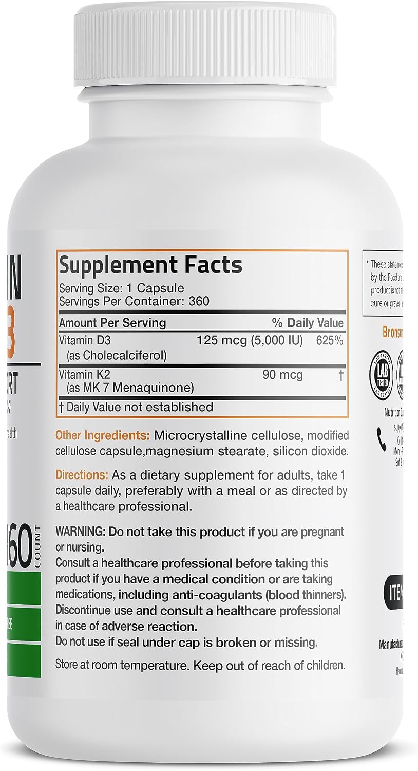 Bronson Vitamin K2 D3 (MK7) Supplement 2-in1 D3 & K2 Complex, 360 Capsules - Image 4