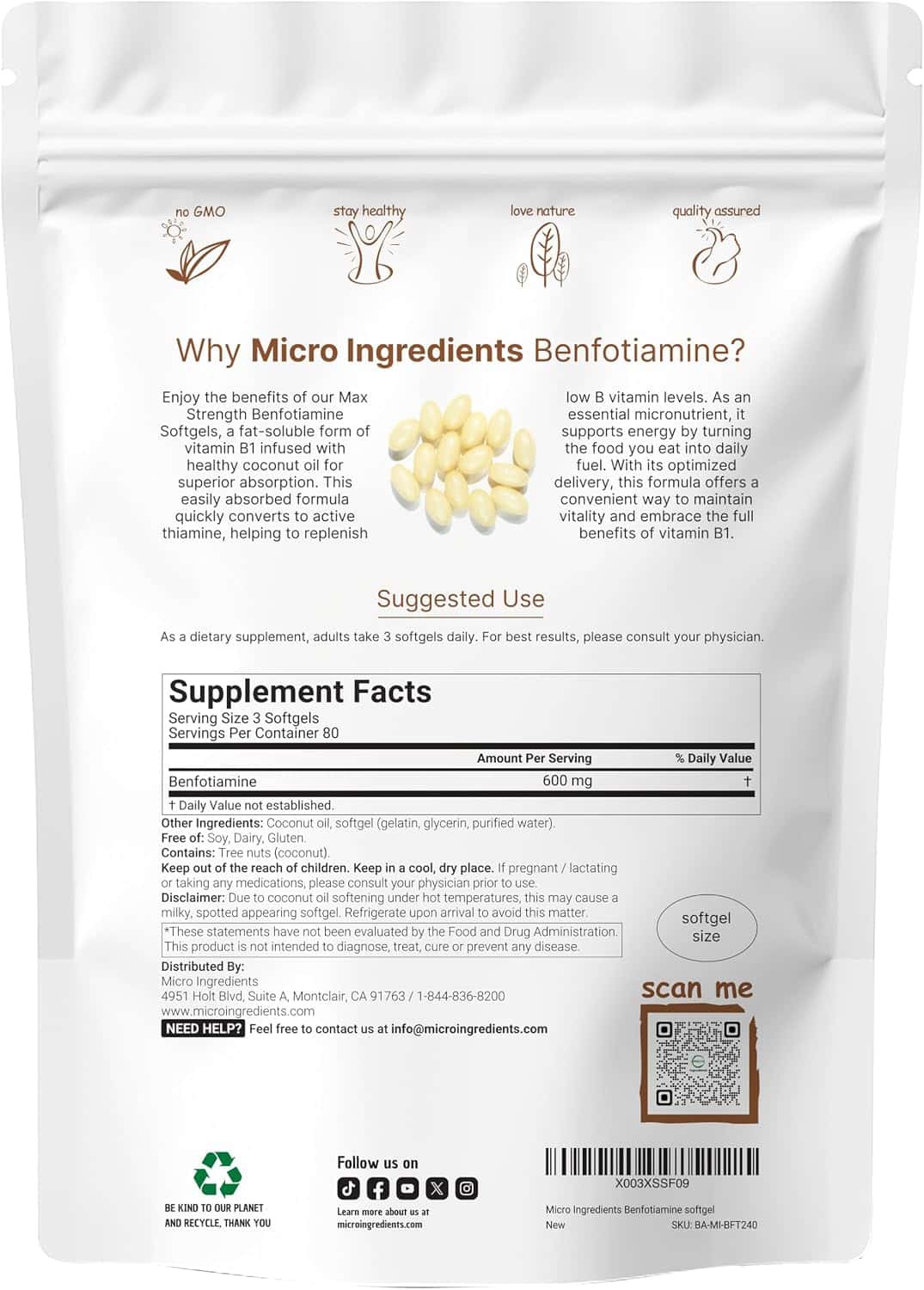 Micro Ingredients Vitamin B1 Benfotiamine 600 mg – 240 Coconut Oil Softgels - Image 2