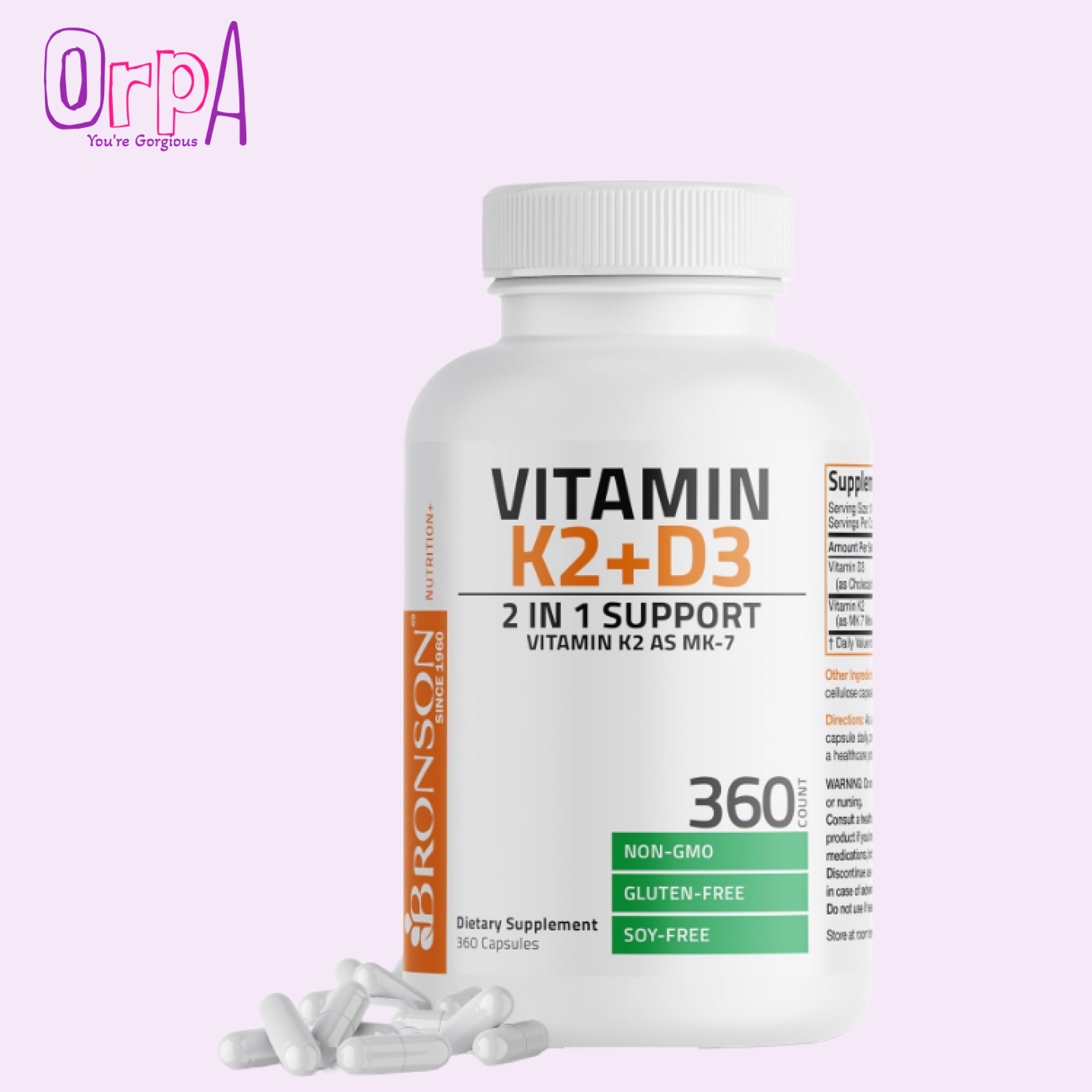 Bronson Vitamin K2 D3 (MK7) Supplement 2-in1 D3 & K2 Complex, 360 Capsules