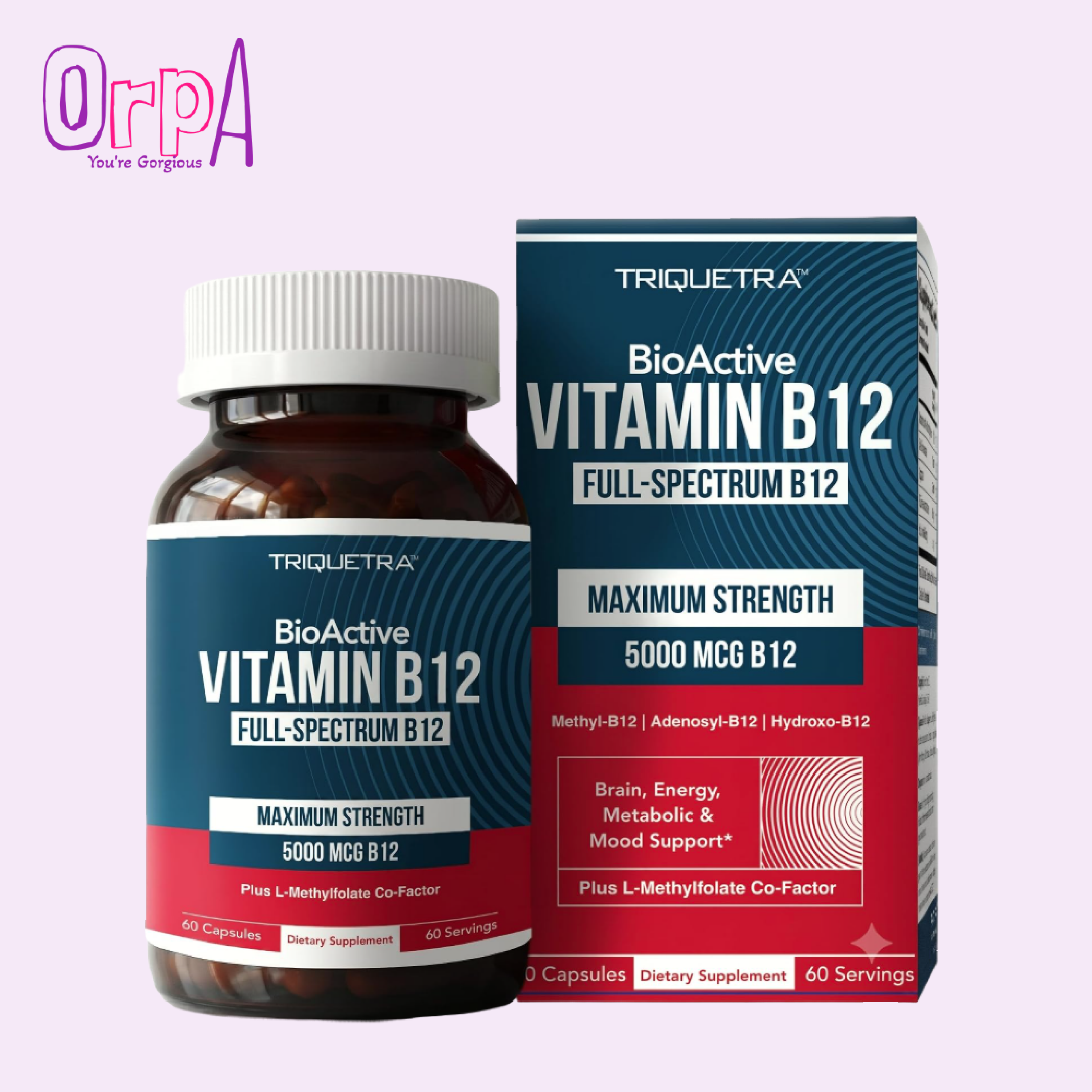 Triquetra BioActive Vitamin B12 5000 mcg (Full-Spectrum) Plus L-Methylfolate – 60 Capsules